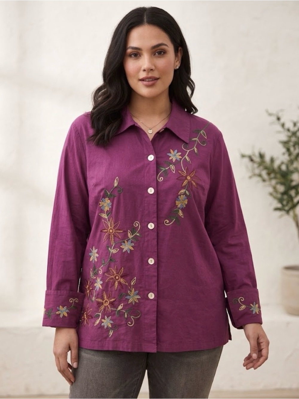 Vintage April Cornell Plum Floral Embroidered 100% Cotton Button-Down Shirt